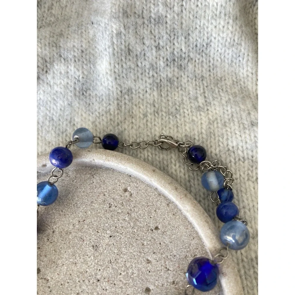 Cobalt Blue Glass Pendant Necklace Purple Beaded‎ Boho Silver Tone Artsy Artisan